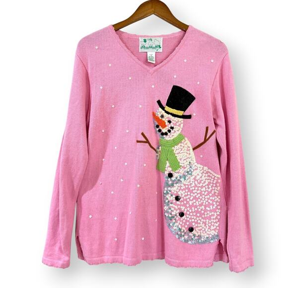 Vintage The Quacker Factory Sweater Light Pink Snowman Sequins Womens Medium - Picture 1 of 11